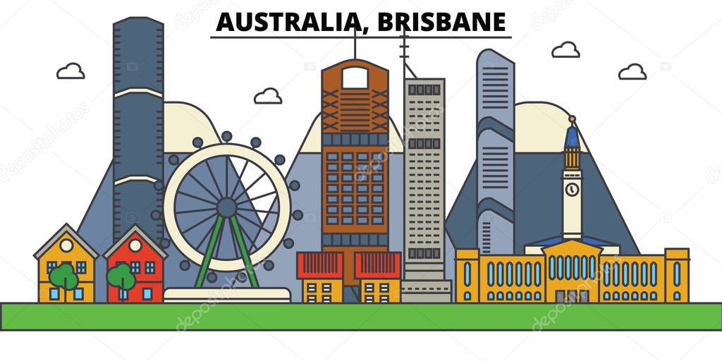 Australia, Brisbane. City skyline: architecture, buildings, streets, silhouette, landscape, panorama, landmarks. Editable strokes. Flat design line vector illustration concept. Isolated icons set