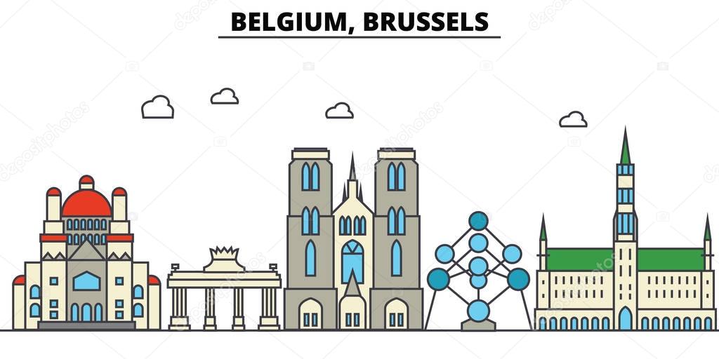 Belgium, Brussels. City skyline: architecture, buildings, streets, silhouette, landscape, panorama, landmarks. Editable strokes. Flat design line vector illustration concept. Isolated icons