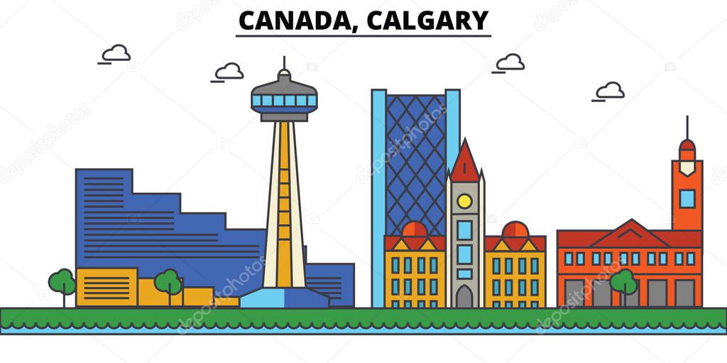 Canada, Calgary. City skyline: architecture, buildings, streets, silhouette, landscape, panorama, landmarks. Editable strokes. Flat design line vector illustration concept. Isolated icons