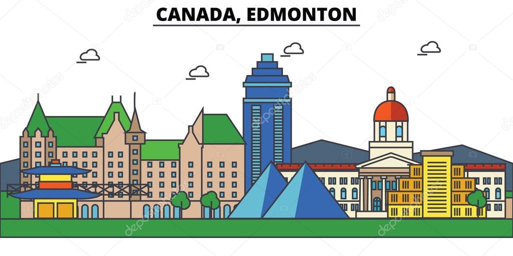 Canada, Edmonton. City skyline: architecture, buildings, streets, silhouette, landscape, panorama, landmarks. Editable strokes. Flat design line vector illustration concept. Isolated icons set