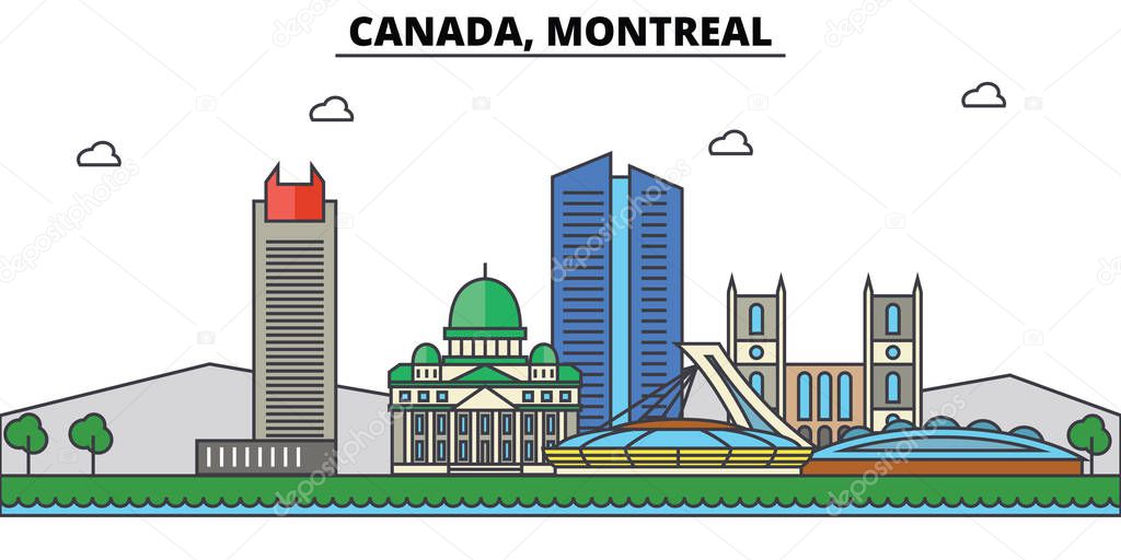 Canada, Montreal. City skyline: architecture, buildings, streets, silhouette, landscape, panorama, landmarks. Editable strokes. Flat design line vector illustration concept. Isolated icons set