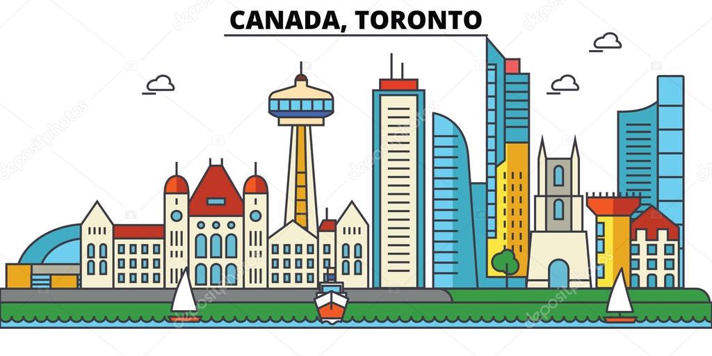 Canada, Toronto. City skyline: architecture, buildings, streets, silhouette, landscape, panorama, landmarks. Editable strokes. Flat design line vector illustration concept. Isolated icons set