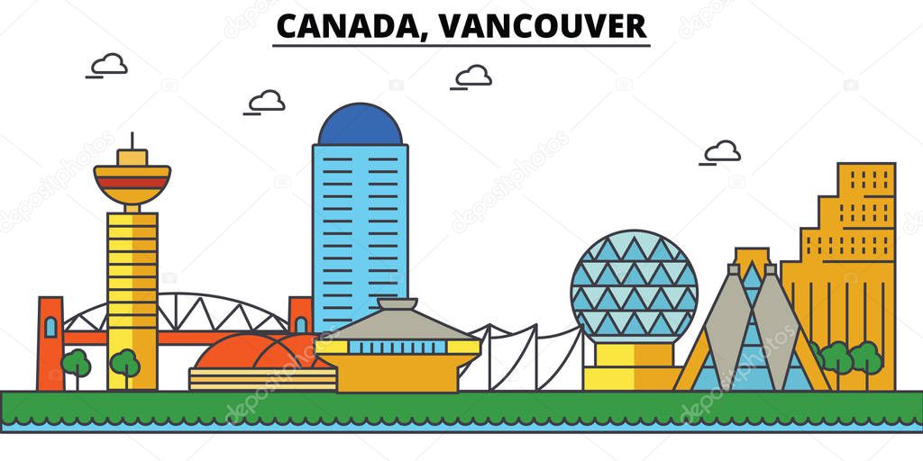 Canada, Vancouver. City skyline: architecture, buildings, streets, silhouette, landscape, panorama, landmarks. Editable strokes. Flat design line vector illustration concept. Isolated icons set