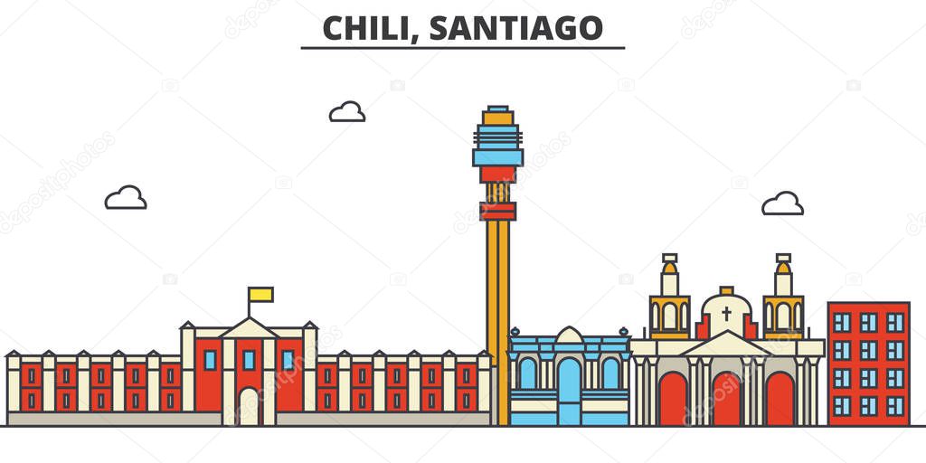 Chili, Santiago. City skyline: architecture, buildings, streets, silhouette, landscape, panorama, landmarks. Editable strokes. Flat design line vector illustration concept. Isolated icons