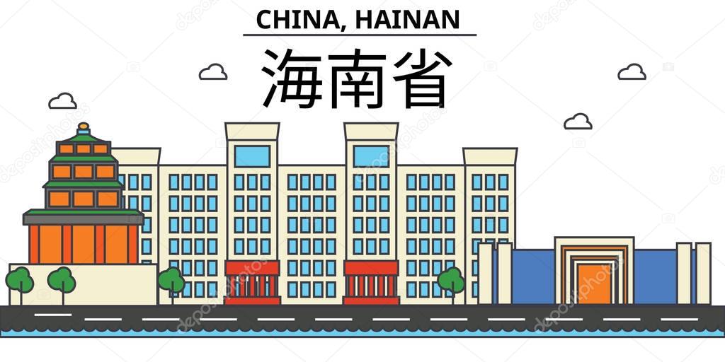 China, Hainan. City skyline: architecture, buildings, streets, silhouette, landscape, panorama, landmarks. Editable strokes. Flat design line vector illustration concept. Isolated icons set