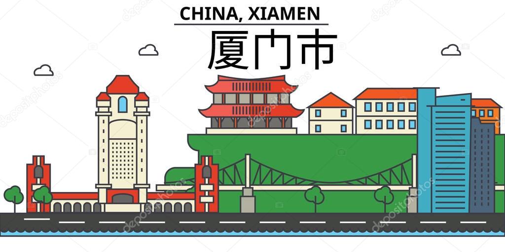 China, Xiamen. City skyline: architecture, buildings, streets, silhouette, landscape, panorama, landmarks. Editable strokes. Flat design line vector illustration concept. Isolated icons set