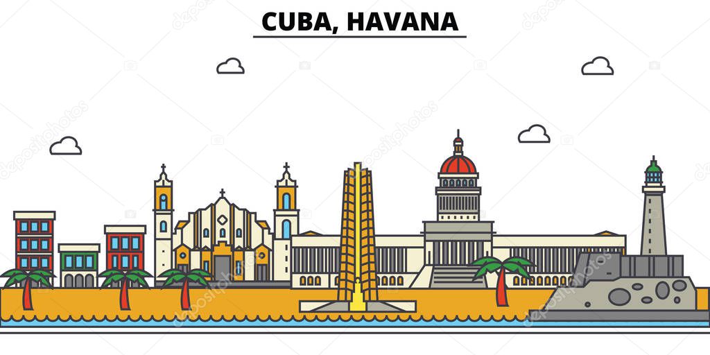 Cuba, Havana. City skyline: architecture, buildings, streets, silhouette, landscape, panorama, landmarks. Editable strokes. Flat design line vector illustration concept. Isolated icons set