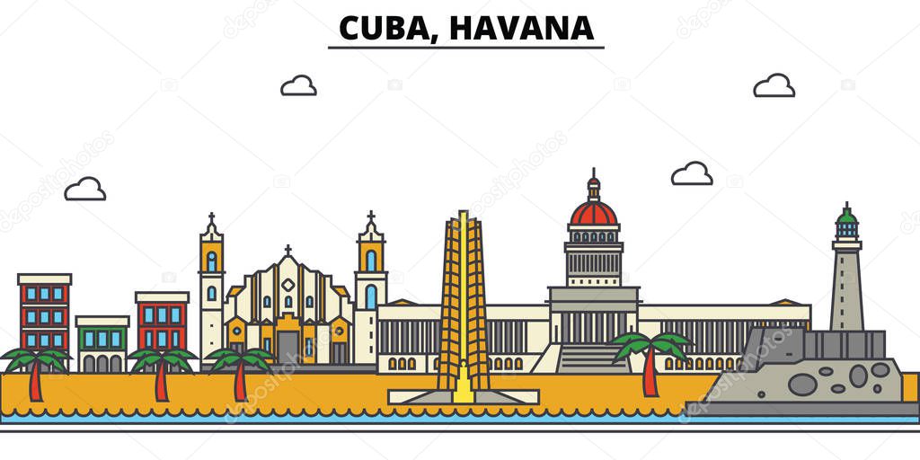 Cuba, Havana. City skyline: architecture, buildings, streets, silhouette, landscape, panorama, landmarks. Editable strokes. Flat design line vector illustration concept. Isolated icons