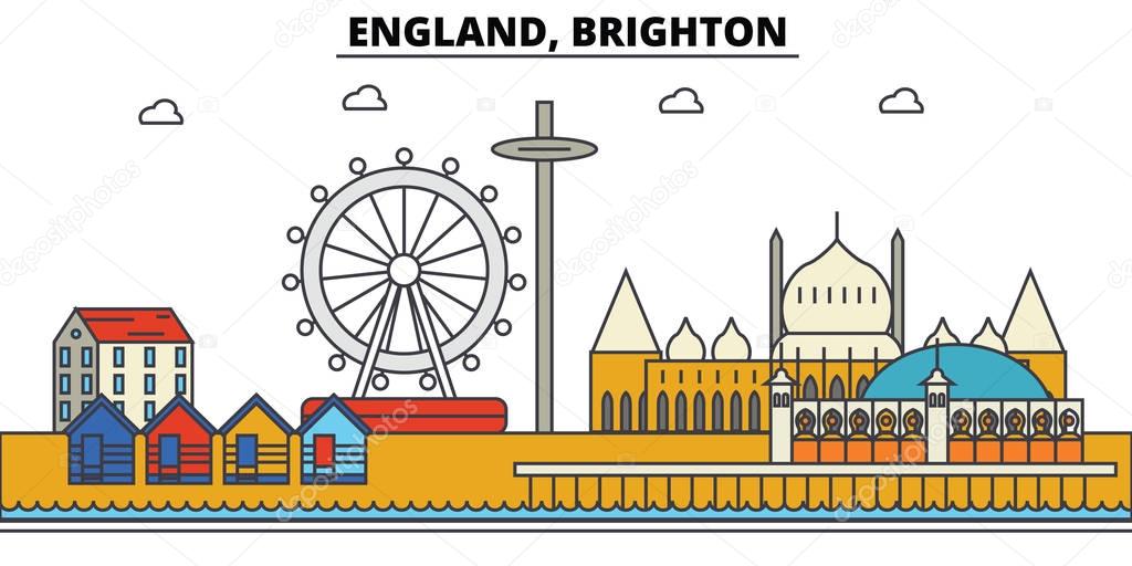 England, Brighton. City skyline: architecture, buildings, streets, silhouette, landscape, panorama, landmarks. Editable strokes. Flat design line vector illustration concept. Isolated icons set