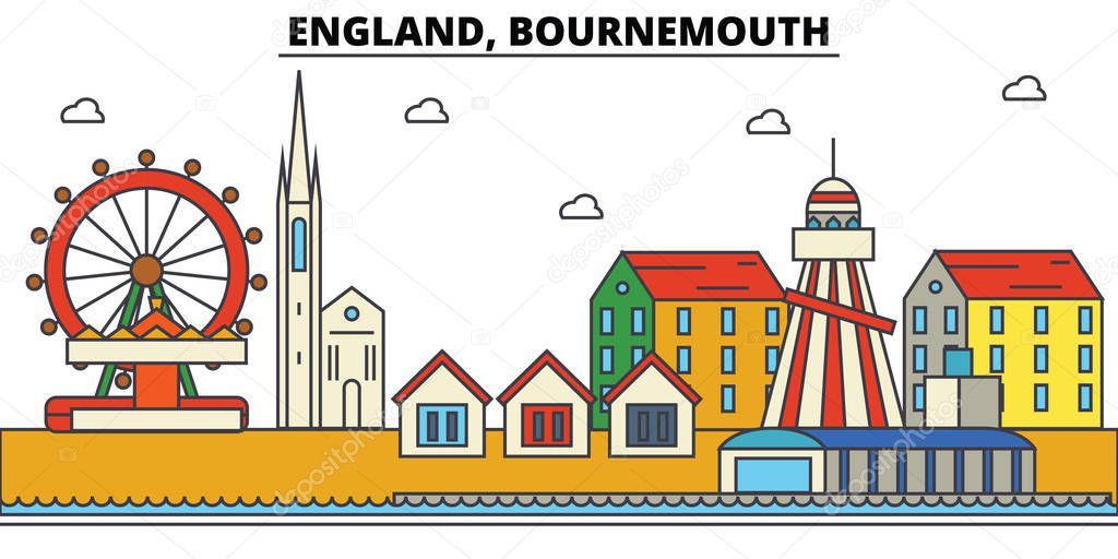 England, Bournemouth. City skyline: architecture, buildings, streets, silhouette, landscape, panorama, landmarks. Editable strokes. Flat design line vector illustration concept. Isolated icons set