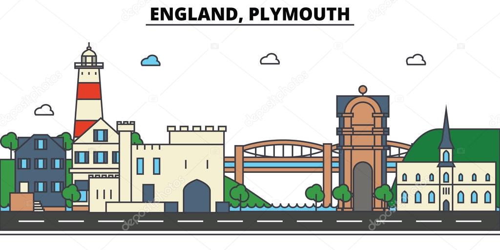 England, Plymouth. City skyline: architecture, buildings, streets, silhouette, landscape, panorama, landmarks. Editable strokes. Flat design line vector illustration concept. Isolated icons set