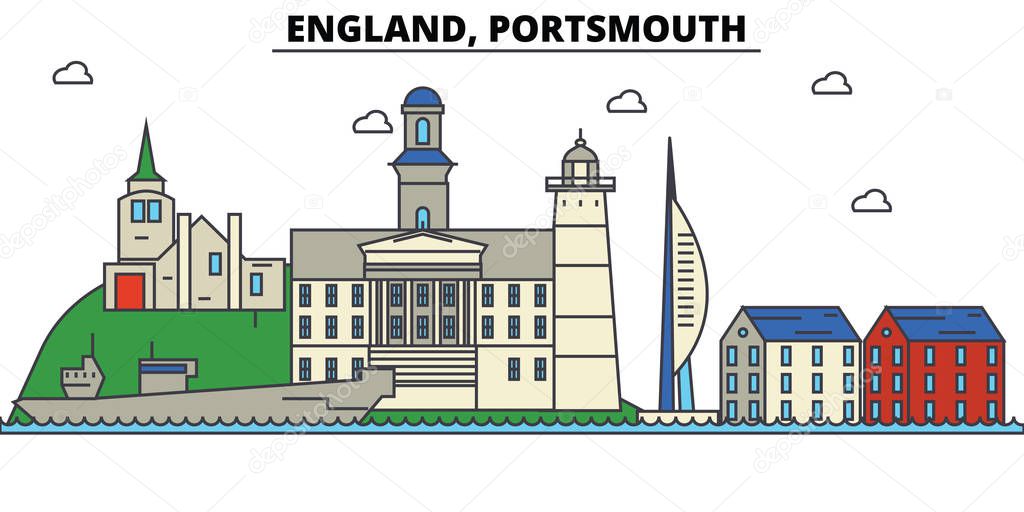 England, Portsmouth. City skyline: architecture, buildings, streets, silhouette, landscape, panorama, landmarks. Editable strokes. Flat design line vector illustration concept. Isolated icons set