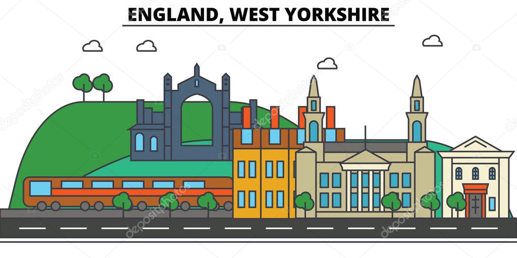 England, West Yorkshire. City skyline: architecture, buildings, streets, silhouette, landscape, panorama, landmarks. Editable strokes. Flat design line vector illustration concept. Isolated icons set