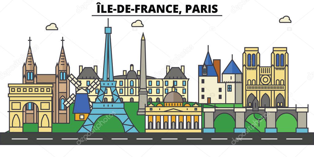 France, Paris, Ile De France . City skyline: architecture, buildings, streets, silhouette, landscape, panorama, landmarks. Editable strokes. Flat design line vector illustration. Isolated icons