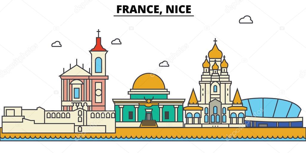 France, Nice. City skyline: architecture, buildings, streets, silhouette, landscape, panorama, landmarks. Editable strokes. Flat design line vector illustration concept. Isolated icons set