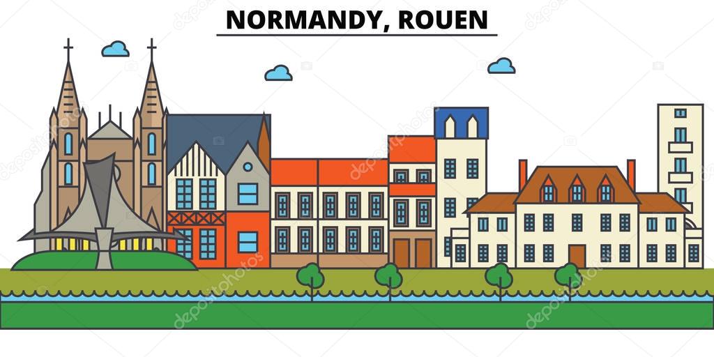 France, Rouen, Normandy. City skyline: architecture, buildings, streets, silhouette, landscape, panorama, landmarks. Editable strokes. Flat design line vector illustration concept. Isolated icons set