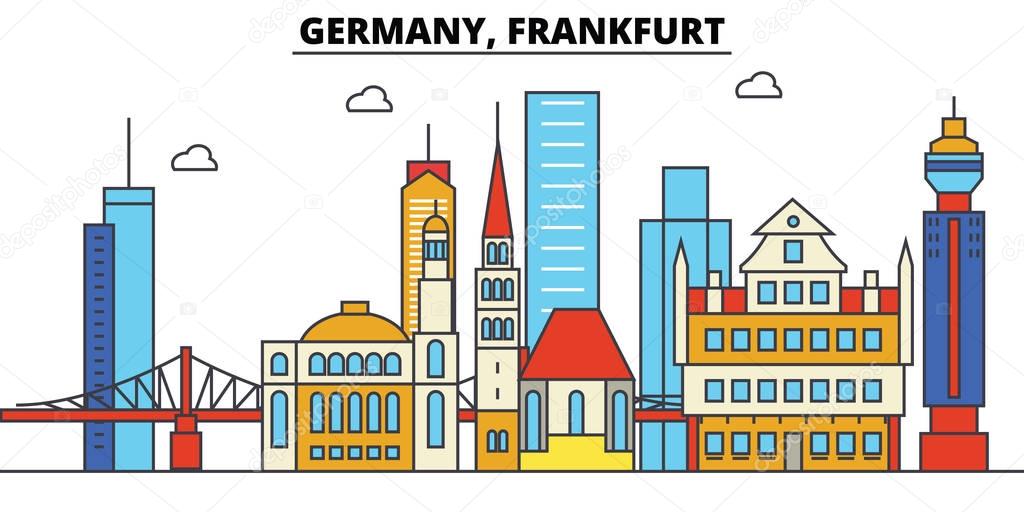 Germany, Frankfurt. City skyline: architecture, buildings, streets, silhouette, landscape, panorama, landmarks. Editable strokes. Flat design line vector illustration concept. Isolated icons