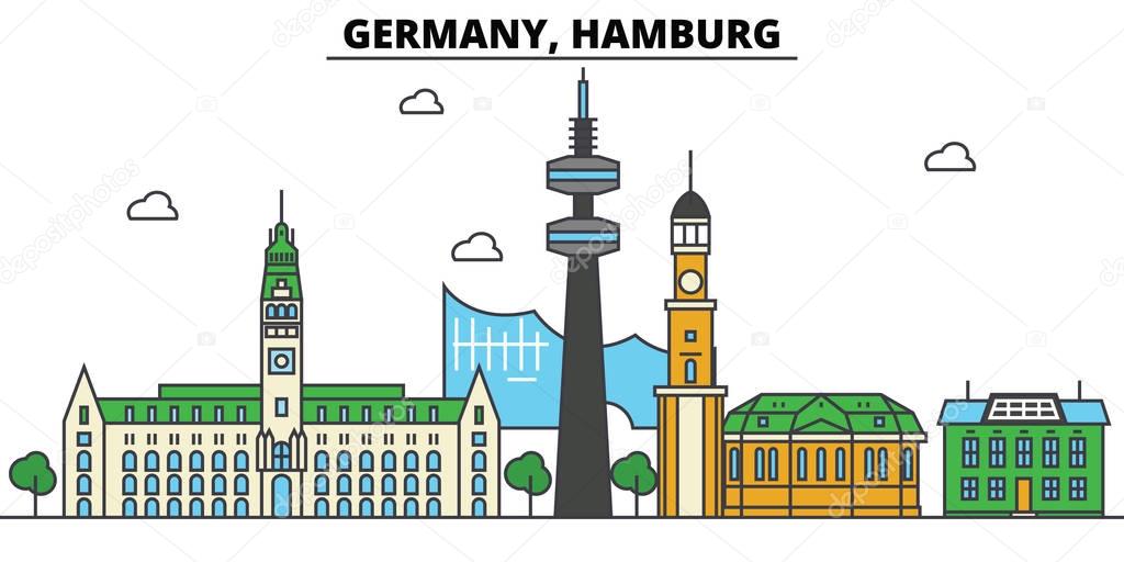 Germany, Hamburg. City skyline: architecture, buildings, streets, silhouette, landscape, panorama, landmarks. Editable strokes. Flat design line vector illustration concept. Isolated icons set