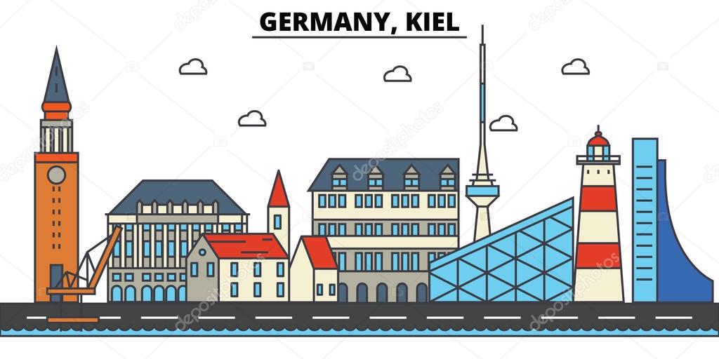 Germany, Kiel. City skyline: architecture, buildings, streets, silhouette, landscape, panorama, landmarks. Editable strokes. Flat design line vector illustration concept. Isolated icons set