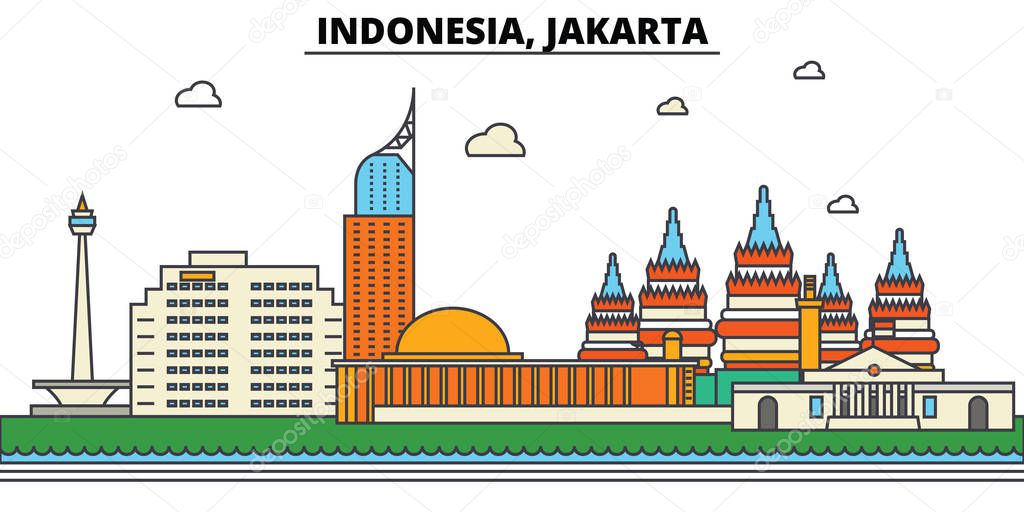 Indonesia, Jakarta. City skyline: architecture, buildings, streets, silhouette, landscape, panorama, landmarks. Editable strokes. Flat design line vector illustration concept. Isolated icons set