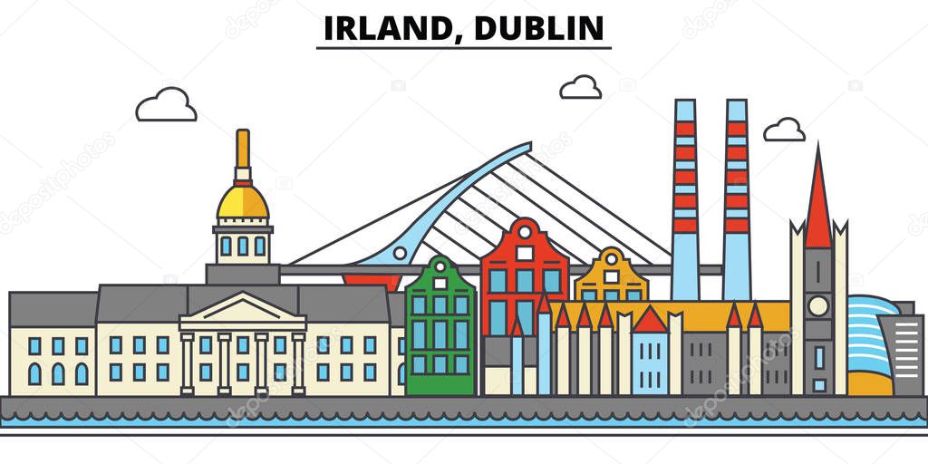 Irland, Dublin. City skyline: architecture, buildings, streets, silhouette, landscape, panorama, landmarks. Editable strokes. Flat design line vector illustration concept. Isolated icons