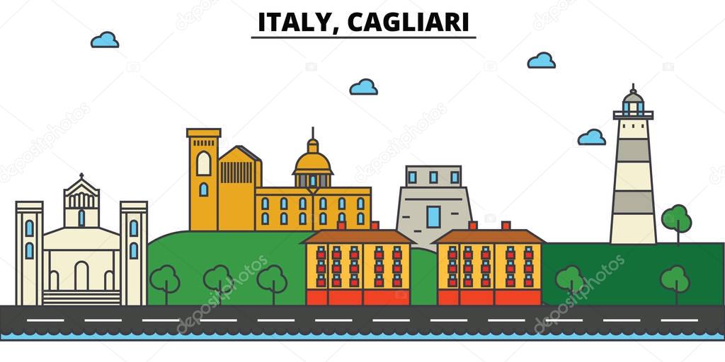 Italy, Cagliari. City skyline: architecture, buildings, streets, silhouette, landscape, panorama, landmarks. Editable strokes. Flat design line vector illustration concept. Isolated icons set