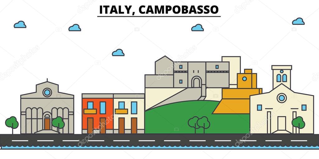 Italy, Campobasso. City skyline: architecture, buildings, streets, silhouette, landscape, panorama, landmarks. Editable strokes. Flat design line vector illustration concept. Isolated icons set