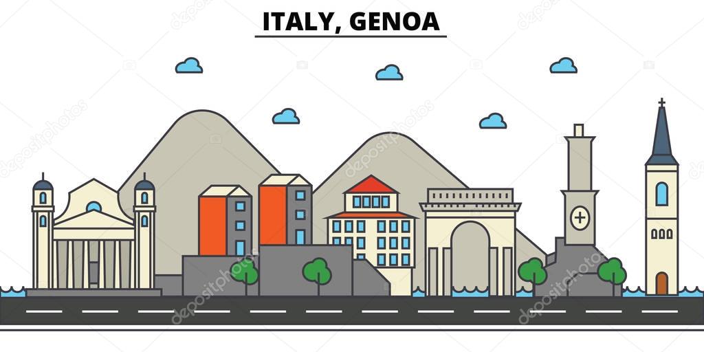 Italy, Genoa. City skyline: architecture, buildings, streets, silhouette, landscape, panorama, landmarks. Editable strokes. Flat design line vector illustration concept. Isolated icons set