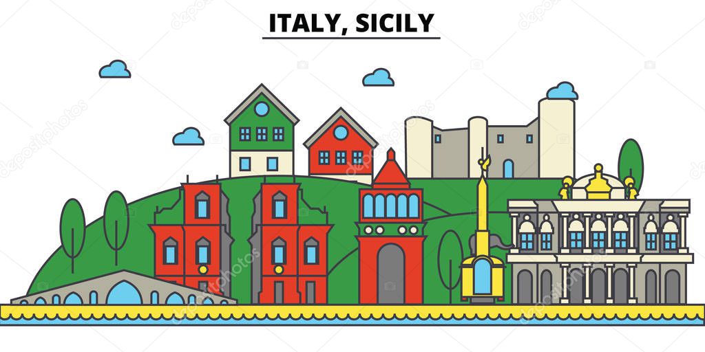 Italy, Sicily. City skyline: architecture, buildings, streets, silhouette, landscape, panorama, landmarks. Editable strokes. Flat design line vector illustration concept. Isolated icons set