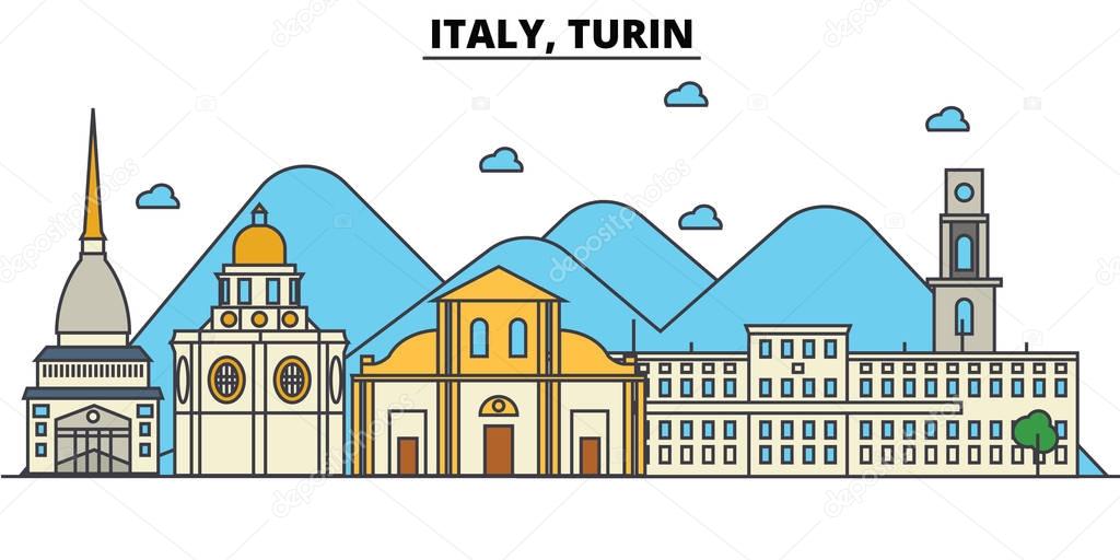Italy, Turin. City skyline: architecture, buildings, streets, silhouette, landscape, panorama, landmarks. Editable strokes. Flat design line vector illustration concept. Isolated icons set