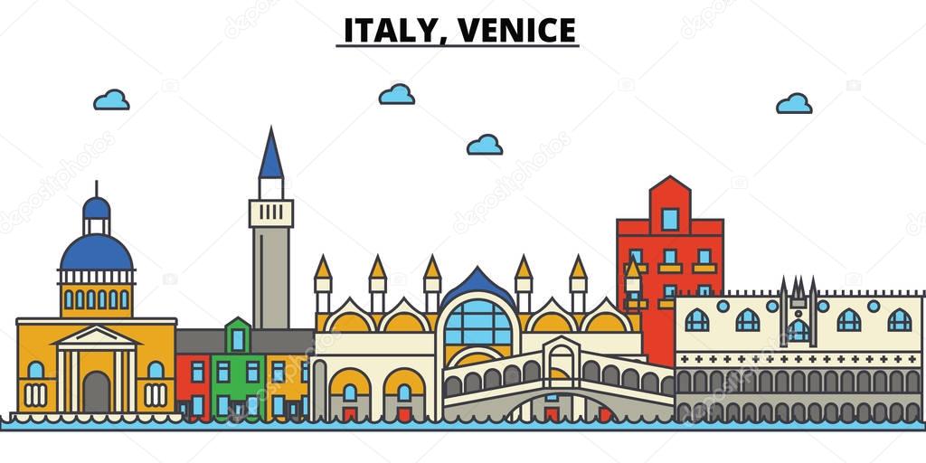 Italy, Venice. City skyline: architecture, buildings, streets, silhouette, landscape, panorama, landmarks. Editable strokes. Flat design line vector illustration concept. Isolated icons