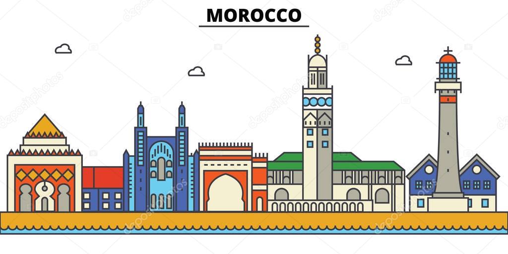 Morocco, . City skyline: architecture, buildings, streets, silhouette, landscape, panorama, landmarks. Editable strokes. Flat design line vector illustration concept. Isolated icons set