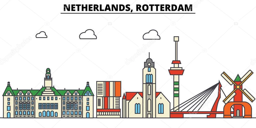 Netherlands, Rotterdam. City skyline: architecture, buildings, streets, silhouette, landscape, panorama, landmarks. Editable strokes. Flat design line vector illustration concept. Isolated icons