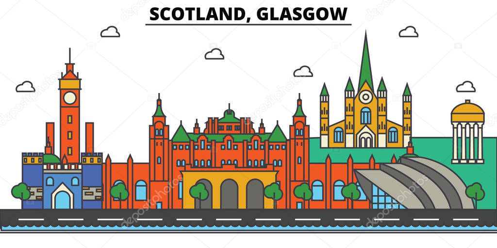 Scotland, Glasgow. City skyline: architecture, buildings, streets, silhouette, landscape, panorama, landmarks. Editable strokes. Flat design line vector illustration concept. Isolated icons set