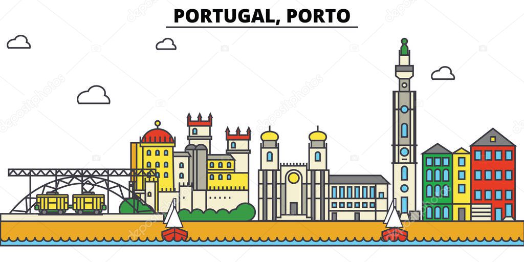 Portugal, Porto. City skyline: architecture, buildings, streets, silhouette, landscape, panorama, landmarks. Editable strokes. Flat design line vector illustration concept. Isolated icons