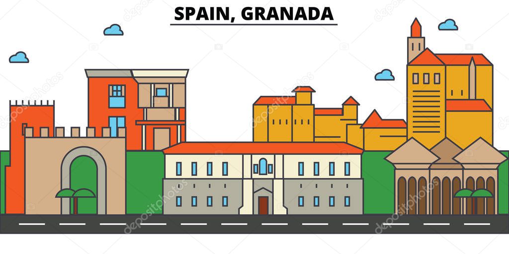 Spain, Granada. City skyline: architecture, buildings, streets, silhouette, landscape, panorama, landmarks. Editable strokes. Flat design line vector illustration concept. Isolated icons set