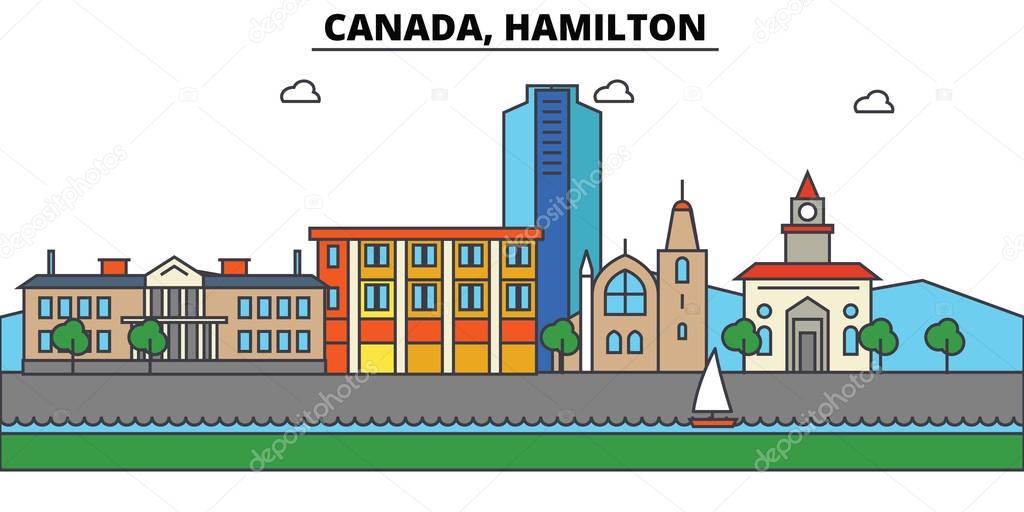 Canada, Hamilton. City skyline: architecture, buildings, streets, silhouette, landscape, panorama, landmarks. Editable strokes. Flat design line vector illustration concept. Isolated icons set
