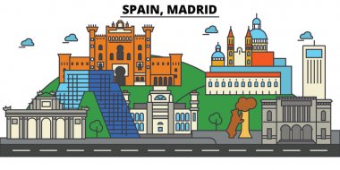 İspanya, Madrid. Şehir manzarası: mimari, binalar, sokaklar, siluet, peyzaj, panorama, yerler. Düzenlenebilir vuruş. Düz çizgi vektör çizim tasarım. İzole Icons set