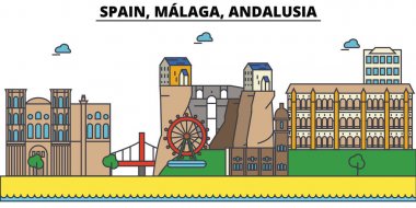 Ýspanya, Malaga, Andalusia. Şehir manzarası: mimari, binalar, sokaklar, siluet, peyzaj, panorama, yerler. Düzenlenebilir vuruş. Düz çizgi vektör tasarlamak. İzole Icons set