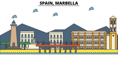 İspanya, Marbella. Şehir manzarası: mimari, binalar, sokaklar, siluet, peyzaj, panorama, yerler. Düzenlenebilir vuruş. Düz çizgi vektör çizim tasarım. İzole Icons set