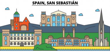 İspanya, San Sebastian. Şehir manzarası: mimari, binalar, sokaklar, siluet, peyzaj, panorama, yerler. Düzenlenebilir vuruş. Düz çizgi vektör çizim tasarım. İzole Icons set