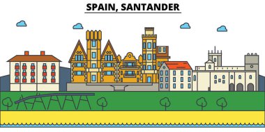 İspanya, Santander. Şehir manzarası: mimari, binalar, sokaklar, siluet, peyzaj, panorama, yerler. Düzenlenebilir vuruş. Düz çizgi vektör çizim tasarım. İzole Icons set