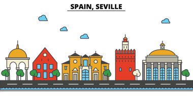 İspanya, Seville. Şehir manzarası: mimari, binalar, sokaklar, siluet, peyzaj, panorama, yerler. Düzenlenebilir vuruş. Düz çizgi vektör çizim tasarım. İzole Icons set