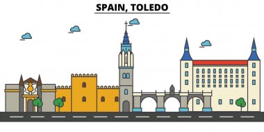 İspanya, Toledo. Şehir manzarası: mimari, binalar, sokaklar, siluet, peyzaj, panorama, yerler. Düzenlenebilir vuruş. Düz çizgi vektör çizim tasarım. İzole Icons set