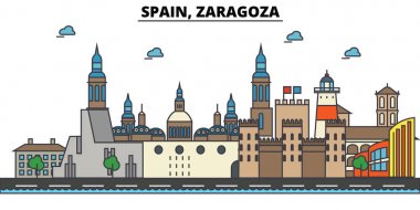 İspanya, Zaragoza. Şehir manzarası: mimari, binalar, sokaklar, siluet, peyzaj, panorama, yerler. Düzenlenebilir vuruş. Düz çizgi vektör çizim tasarım. İzole Icons set