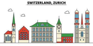 İsviçre, Zürih. Şehir manzarası: mimari, binalar, sokaklar, siluet, peyzaj, panorama, yerler. Düzenlenebilir vuruş. Düz çizgi vektör çizim tasarım. İzole Icons set