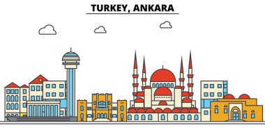 Türkiye, Ankara. Şehir manzarası: mimari, binalar, sokaklar, siluet, peyzaj, panorama, yerler. Düzenlenebilir vuruş. Düz çizgi vektör çizim tasarım. İzole Icons set