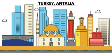 Türkiye, Antalia. Şehir manzarası: mimari, binalar, sokaklar, siluet, peyzaj, panorama, yerler. Düzenlenebilir vuruş. Düz çizgi vektör çizim tasarım. İzole Icons set