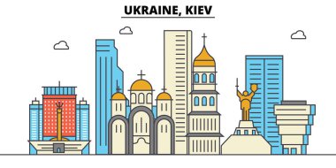 Ukrayna, Kiev. Şehir manzarası: mimari, binalar, sokaklar, siluet, peyzaj, panorama, yerler. Düzenlenebilir vuruş. Düz çizgi vektör çizim tasarım. İzole Icons set