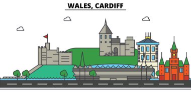Wales, Cardiff. Şehir manzarası: mimari, binalar, sokaklar, siluet, peyzaj, panorama, yerler. Düzenlenebilir vuruş. Düz çizgi vektör çizim tasarım. İzole Icons set